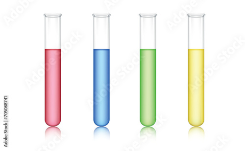 Set of multicolored laboratory test tubes isolated on white background.