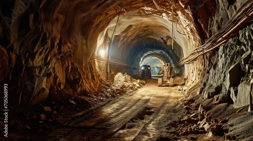 Deep tunnel with a large truck carrying rock for mining photo