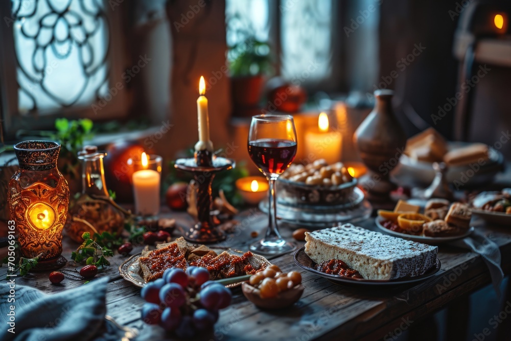 An inviting Purim feast is beautifully depicted in this image, with a table filled with traditional foods and wine, as the soft candlelight adds a warm and cheerful ambiance to the gathering