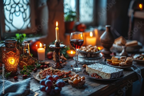 An inviting Purim feast is beautifully depicted in this image  with a table filled with traditional foods and wine  as the soft candlelight adds a warm and cheerful ambiance to the gathering