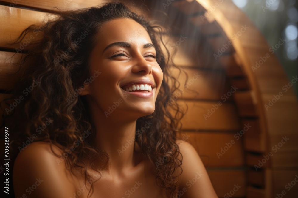 Joyful Sauna Escape: In the close-up, a joyous woman embraces the sauna's escape, surrounded by a cocoon of delightful warmth and relaxation Joyful Sauna Escape: In the close-up, a joyous woman embraces the sauna's escape, surrounded by a cocoon of delightful warmth and relaxation