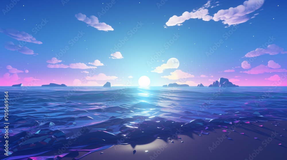 A serene ocean scene with a sunset and a few clouds Generative AI