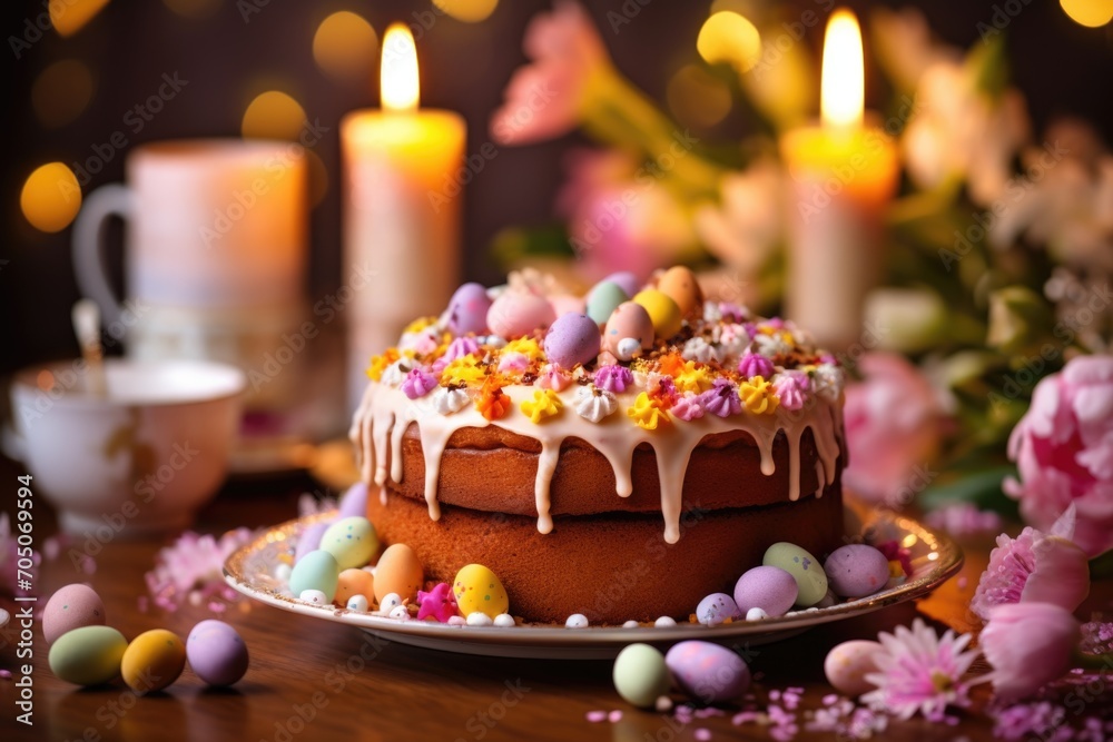 An Easter cake as the centerpiece of a festively decorated table, surrounded by candles and the beauty of spring flowers, infusing the scene with festive joy