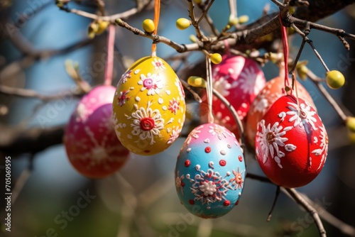 The soft glow of spring accentuates the vivid colors of hanging Easter eggs