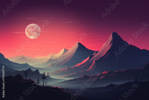 Minimal dark textured landscape mountain and lake background with moon. 3D render of modern wallpaper desing