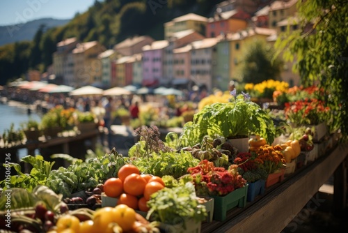 Focus on a farmers market in the Liguria region, with colorful tents and fresh products., generative IA