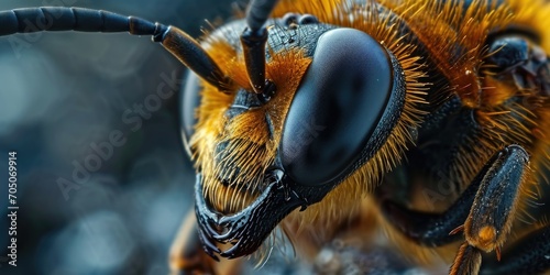 A close up view of a bee's face with a blurred background. This image can be used to depict the intricate details of a bee's anatomy.