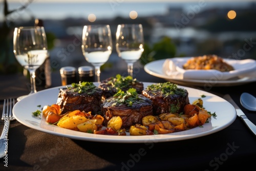 Ossobuco at a luxury dinner on a yacht on the amalfitan coast, with stars in the sky., generative IA