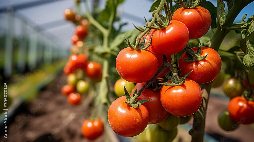 Ripe red tomatoes in a lush greenhouse with abundant green foliage and soft natural light