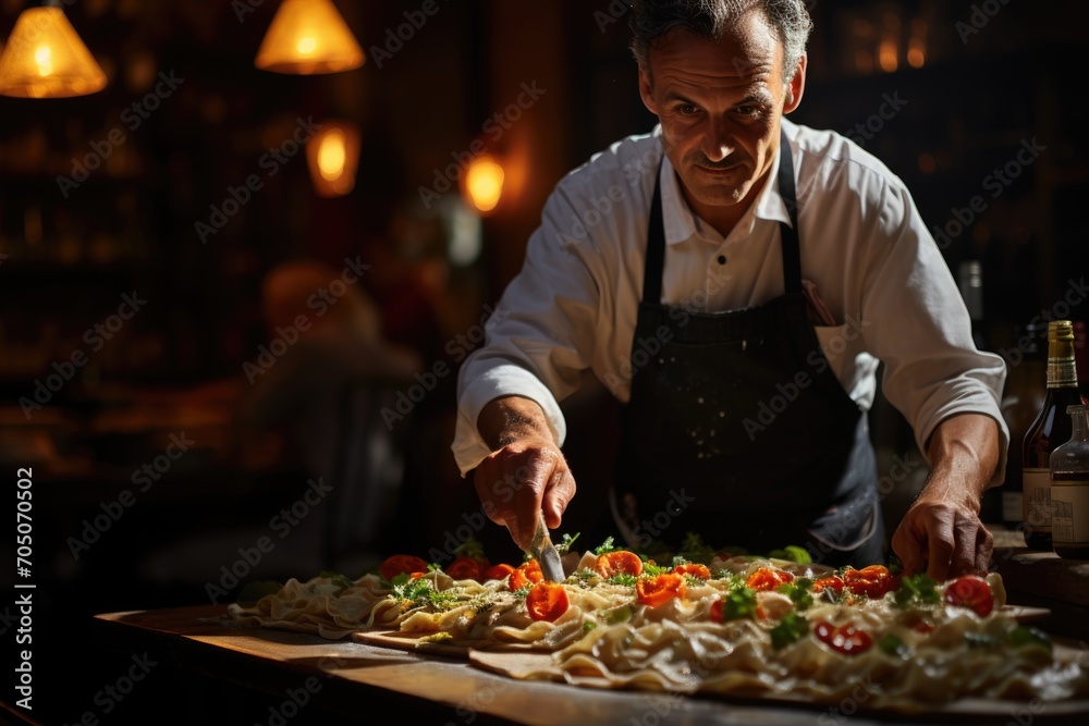 Pappardelle with Ragu on a Tuscan tavern, with opera singers and entertainment., generative IA