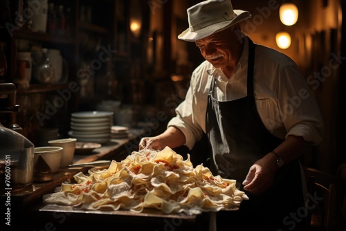 Pappardelle with Ragu on a Tuscan tavern, with opera singers and entertainment., generative IA photo