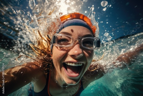 Image of a delighted woman wearing a swimming cap and goggles, splashing joyfully in the pool photo