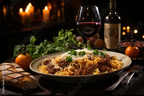 Pappardelle with Ragu in a rustic Tuscan Trattoria, with red wine in crystal cups., generative IA