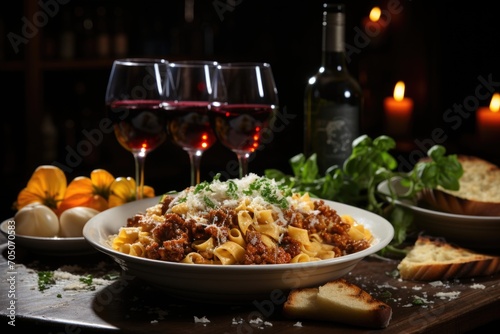 Pappardelle with Ragu in a rustic Tuscan Trattoria, with red wine in crystal cups., generative IA photo