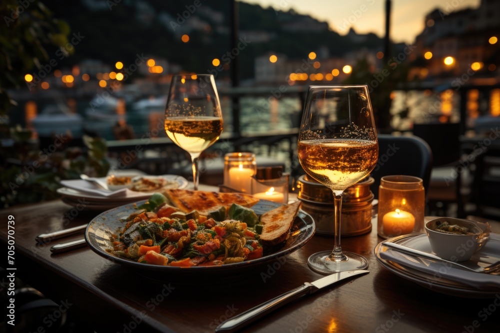 Genoese pesto at an outdoor dinner in Portofino, with luxurious yachts enlightened in Porto., generative IA