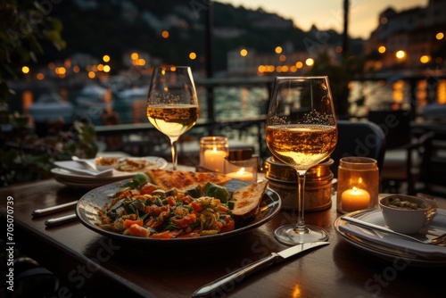 Canvas Print Genoese pesto at an outdoor dinner in Portofino, with luxurious yachts enlightened in Porto