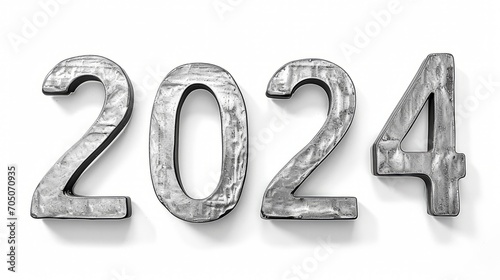 Silvester New Year, New Year's Eve 2024 party event celebration holiday greeting card template - Closeup of silver glittering metal metallic 3d year number, isolated on white background.