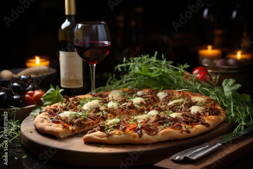 Funghi pizza in a wine celebration in a Tuscan winery  with aging barrels.  generative IA