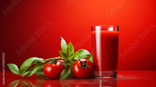 Tomato juice in glass on wooden table with red background, perfect for a refreshing drink