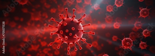 A close-up of a red virus cell with many spikes Generative AI