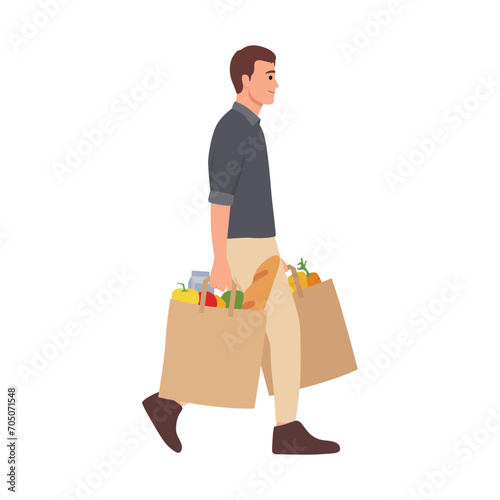 Young caucasian white man walking with plastic shopping bags with healthy vegetables and fruits. Concept of healthy nutrition. Flat vector illustration isolated on white background