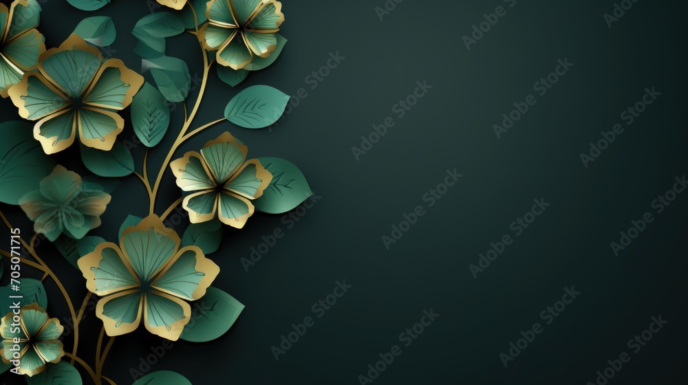 Happy Saint Patrick's Day with green and gold shamrocks clover leaf background. AI generated image - obrazy, fototapety, plakaty 