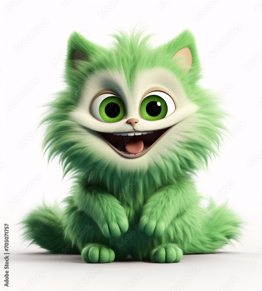 A cute cartoon green cat with a big smile and green eyes Generative AI