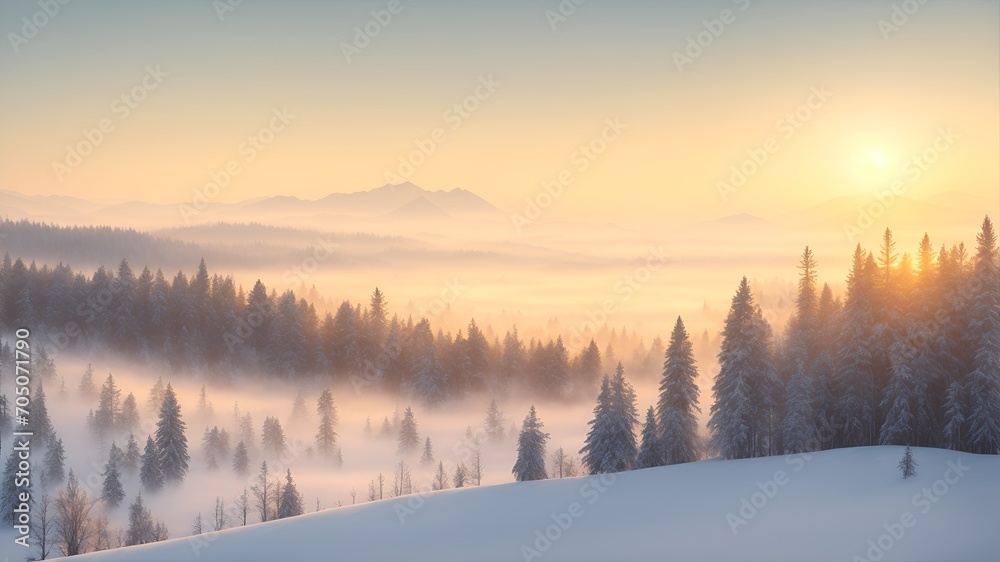 Winter forest in the morning during sunrise, sunlight penetrates the fog, warm colors