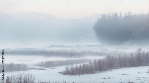 Winter background, winter landscape with forest near the river in the morning in the fog © Iryna