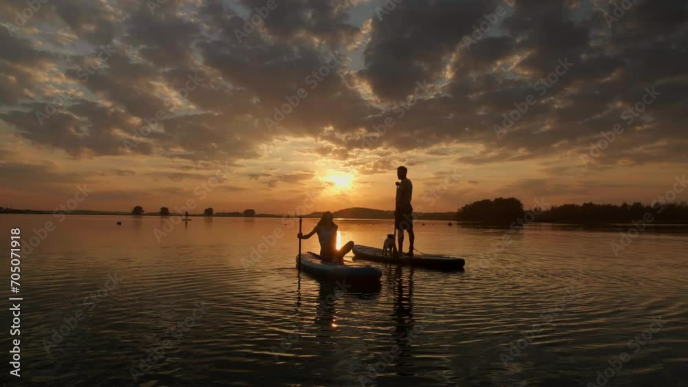 silhouette of couple paddle boarding at lake during sunset together with pug dog. Concept of active family tourism and supping with pets. Brave Dog Standing on SUP Board and enjoy vacation silhouette of couple paddle boarding at lake during sunset together with pug dog. Concept of active family tourism and supping with pets. Brave Dog Standing on SUP Board and enjoy vacation