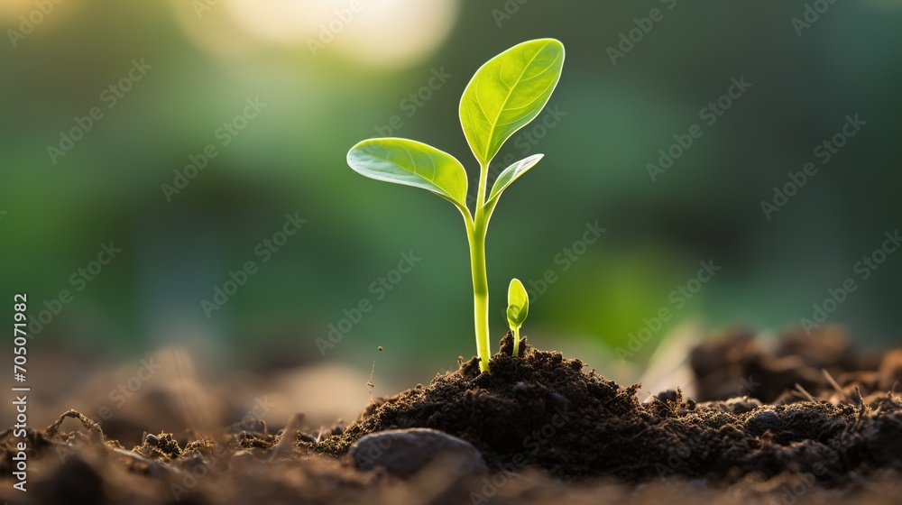 Sprouts of young plants sprout from the soil in sunlight Sprouts of young plants sprout from the soil in sunlight