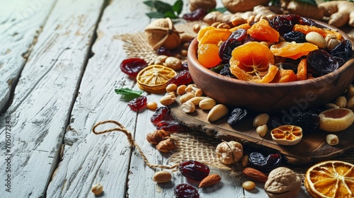 Rustic Delight Dried Fruits Adorn a Wooden Table, a Vibrant Culinary Composition for Delicious and Healthy Living