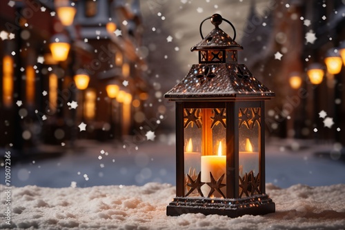 Snowy Winter Street Candlelight Lantern Decoration with Falling Snowflakes During Winter Time