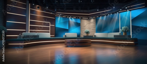 news studio set with glimmering lights and couches photo