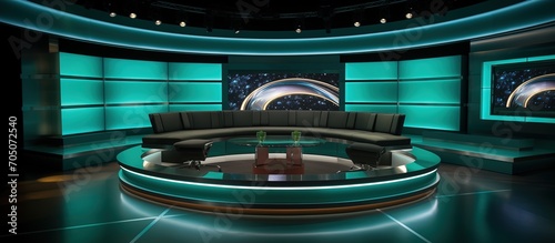 news studio set with glimmering lights and couches