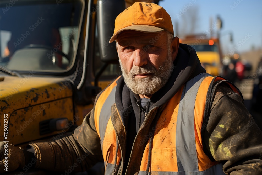 Orange-Clad Road Worker with a Beard, Standing by His Car. Construction Professional in Action Orange-Clad Road Worker with a Beard, Standing by His Car. Construction Professional in Action