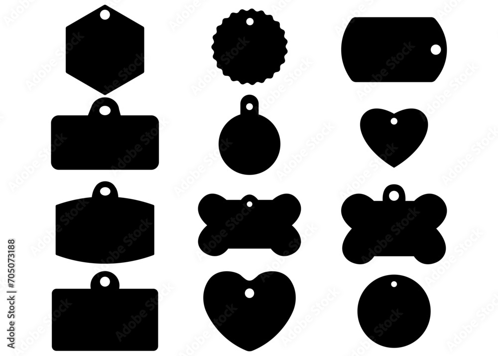 dog tags template. set of icons, shape tags, illustration flat design. silhouette isolated on white background - obrazy, fototapety, plakaty 