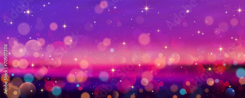 Purple background with bokeh and glitter. Golden glitter and stars sparkles on pinky night sky. Bright glow dreaming wallpaper. Vector illustration photo