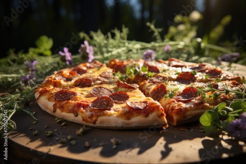 Pepperoni pizza in a picnic in the shadow of the trees in Florence, with wild flowers., generative IA