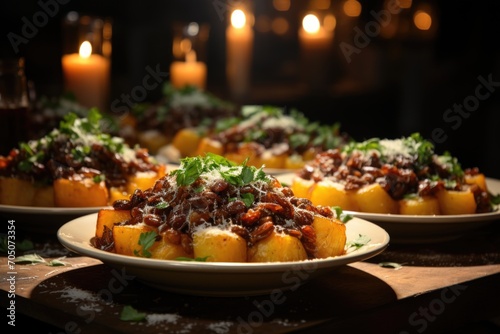 Polenta with Ragu at a gastronomic festival in Sicily, with traditional food tents., generative IA