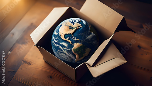 A recyclable cardboard box enclosing an Earth globe, emphasizing the importance of environmental sustainability.
