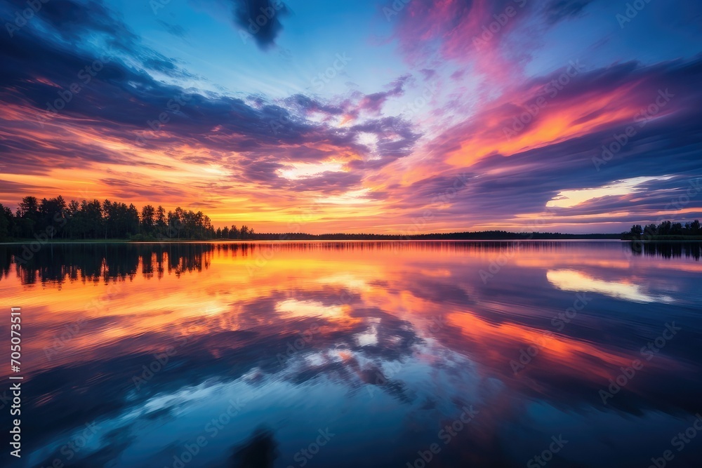 sunset over the river, sunset with clouds, light rays over river with reflections