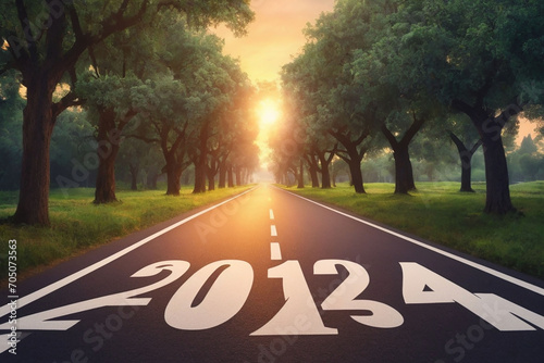 Happy new year 2024,2024 symbolizes the start of the new year. The letter start new year 2024 on the road in the nature route roadway sunset tree environment ecology or greenery wallpaper 