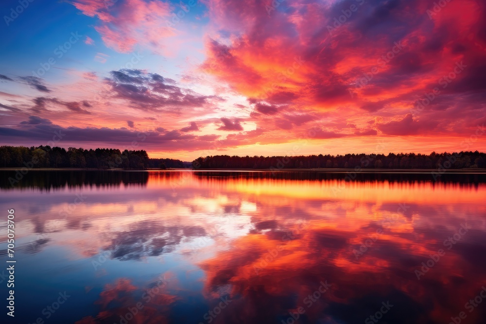 sunset over the river, sunset with clouds, light rays over river with reflections