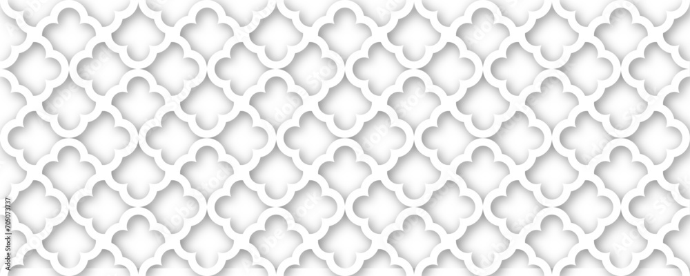 Fototapeta premium Islamic Ornament Vector. White background. Light shadow 3d ramadan eid arabic geometric pattern elements cloud round motif.
