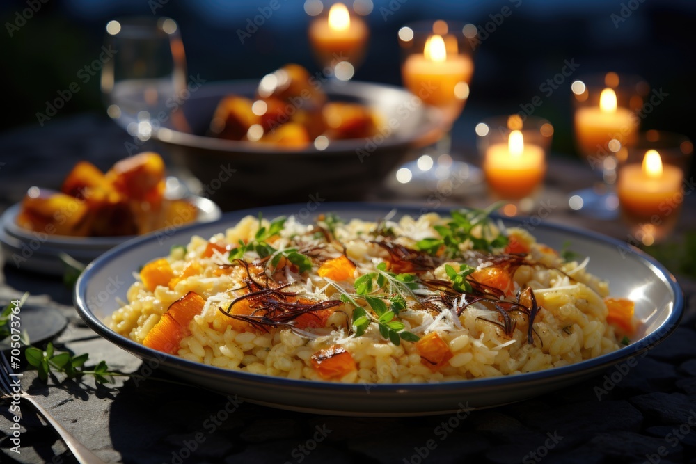 Safron risotto at a summer party on the edge of the amalfitan coast with thematic decorations., generative IA
