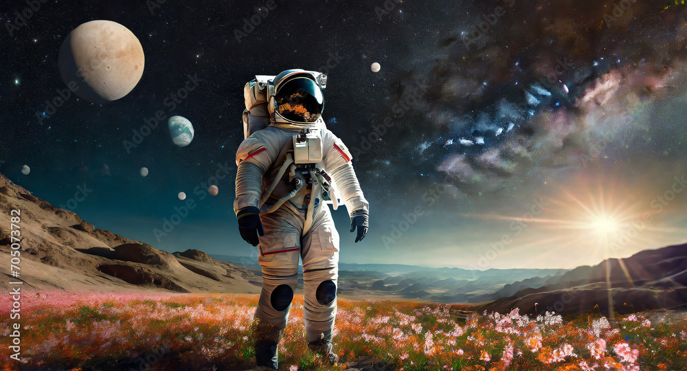 Astronaut walking on a planet of forever spring Astronaut walking on a planet of forever spring