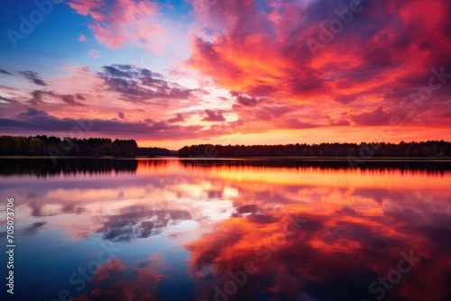 sunset over the river  sunset with clouds  light rays over river with reflections