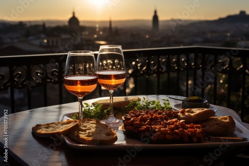 Aperitivated board at a Rooftop in Florence, overlooking Brunelleschi's summit., generative IA © Laisa