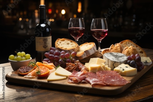 Cheese board and Italian ham in a rustic canteen, with barrels of wine and vintage decoration., generative IA